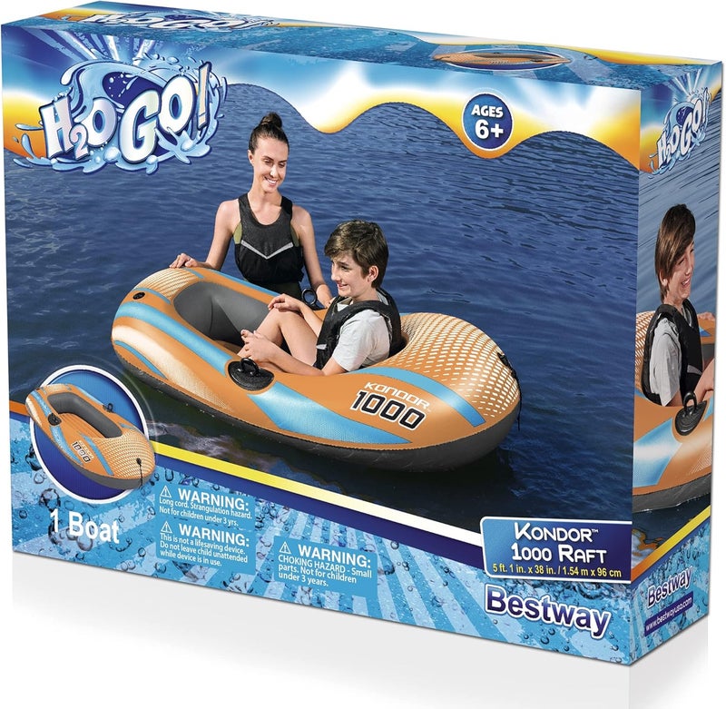 H2O Go قارب هيدروجو! كوندور 1000 - 4'11" × 33" - للأطفال والمراهقين، برتقالي وأزرق، سعة وزن 120 رطل، بست واي، قارب مائي للشباب، رياضات مائية، طوف مائي، حبل ربط أمامي، مناسب للأعمار 6 سنوات فما فوق - Image 2